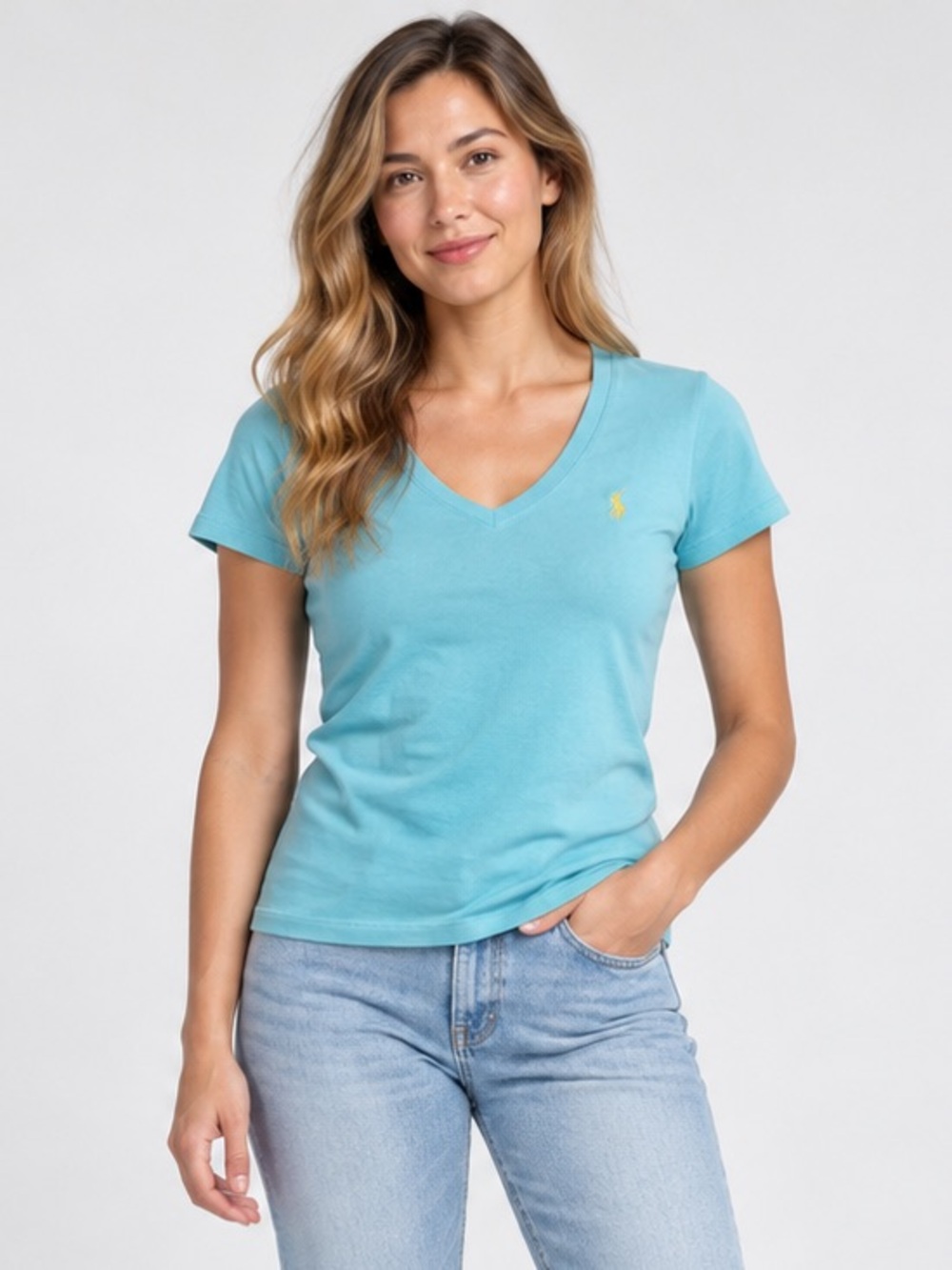 Ralph Lauren Turquoise Blue V Neck Pony Logo Cotton Tee M